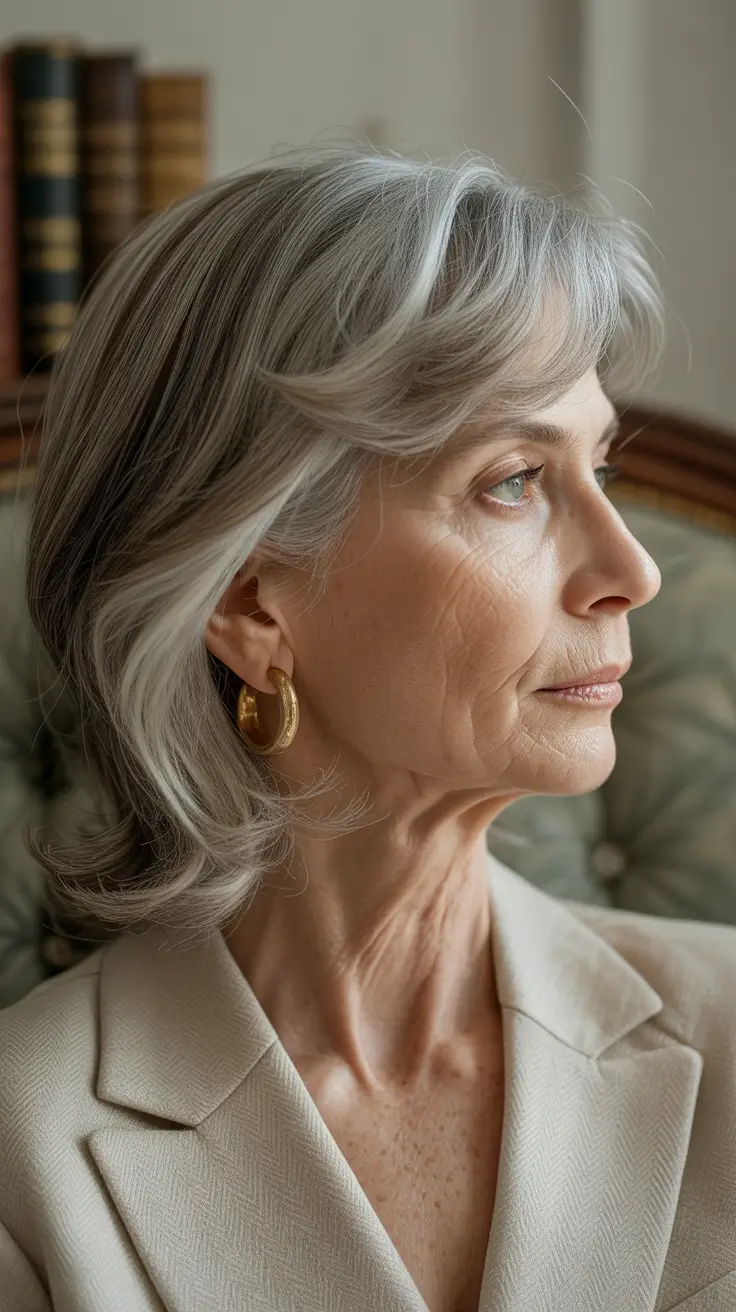 Haircuts for Women Over 60+Silver-Taupe Layered Bob with Gentle Flip