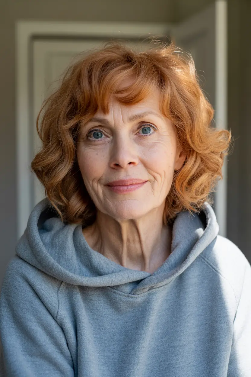 Haircuts for Women Over 60+Soft Curly Copper Bob with Light Fringe