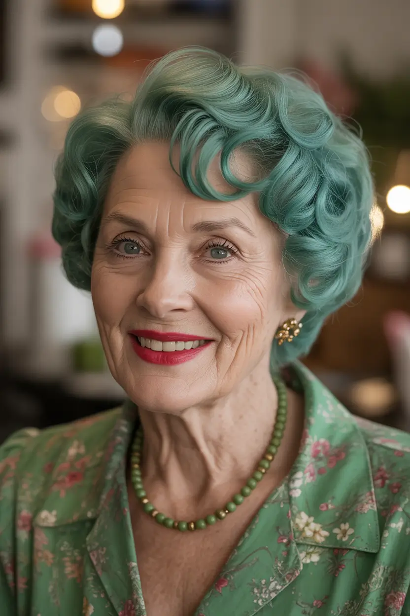 Haircuts for Women Over 60+Vintage-Inspired Teal Curl Set with Sculpted Volume