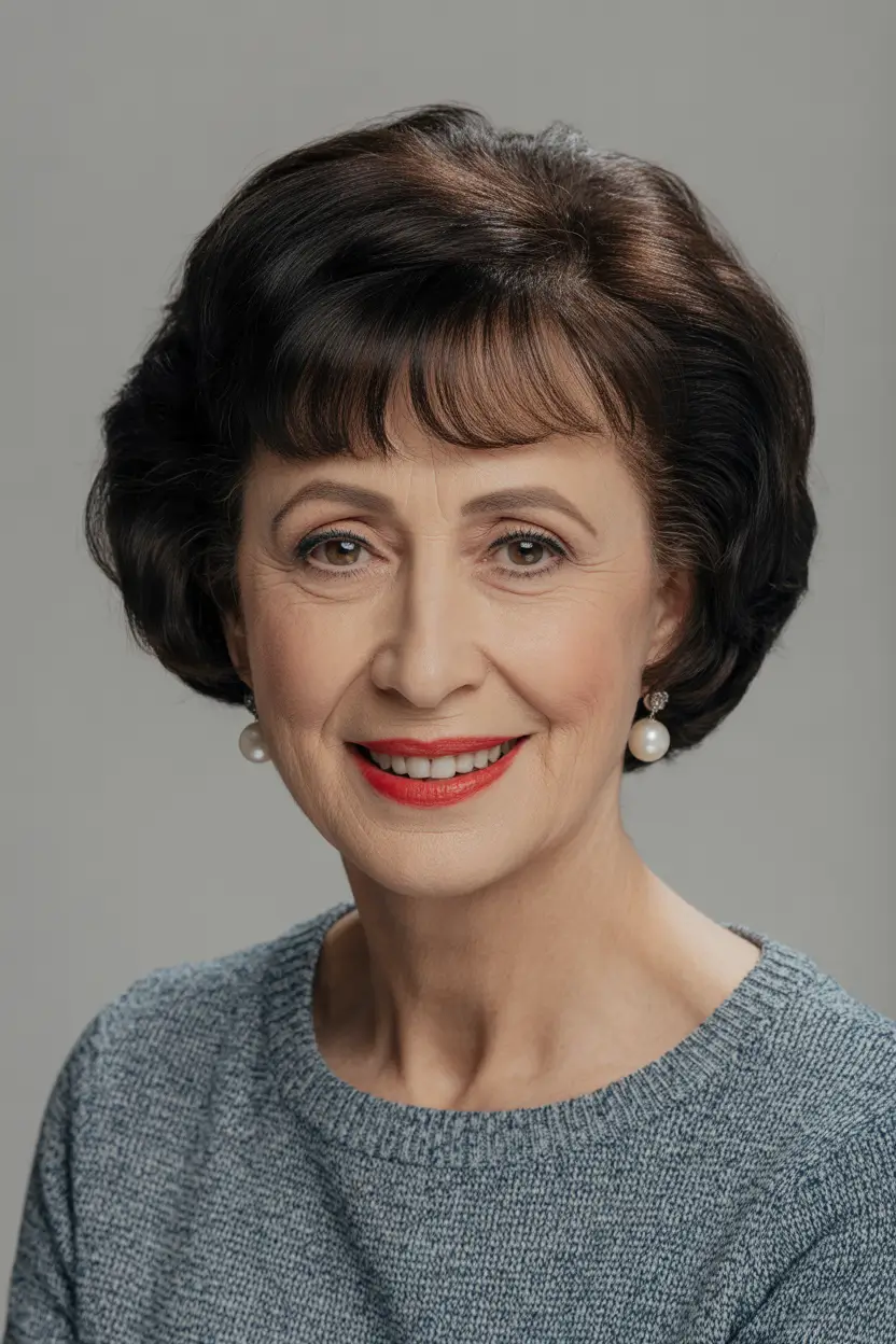 Haircuts for Women Over 60+Classic Dark Voluminous Bob with Soft Baby Bangs