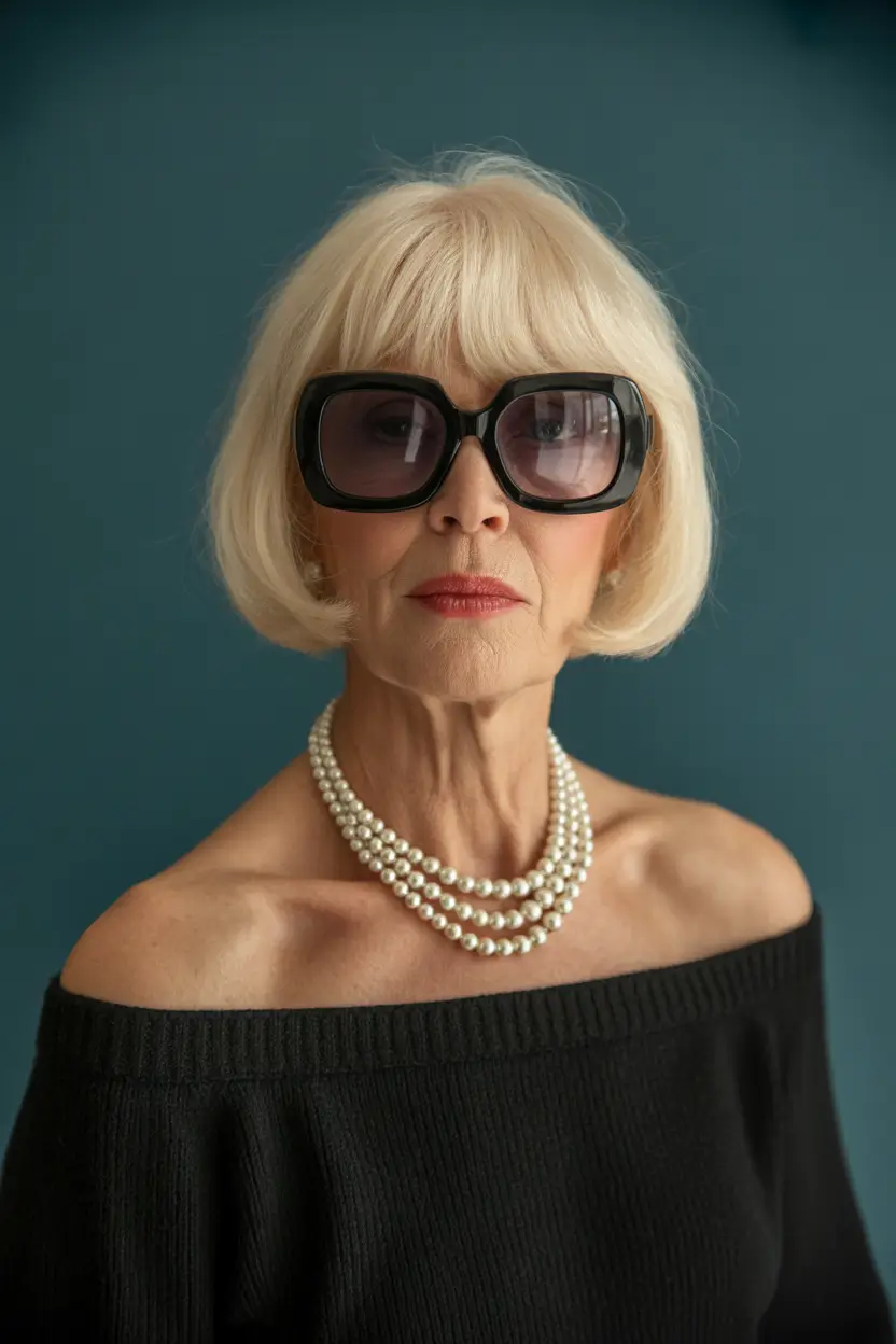 Haircuts for Women Over 60+Classic Blonde Bob with Full Fringe and Polished Shine