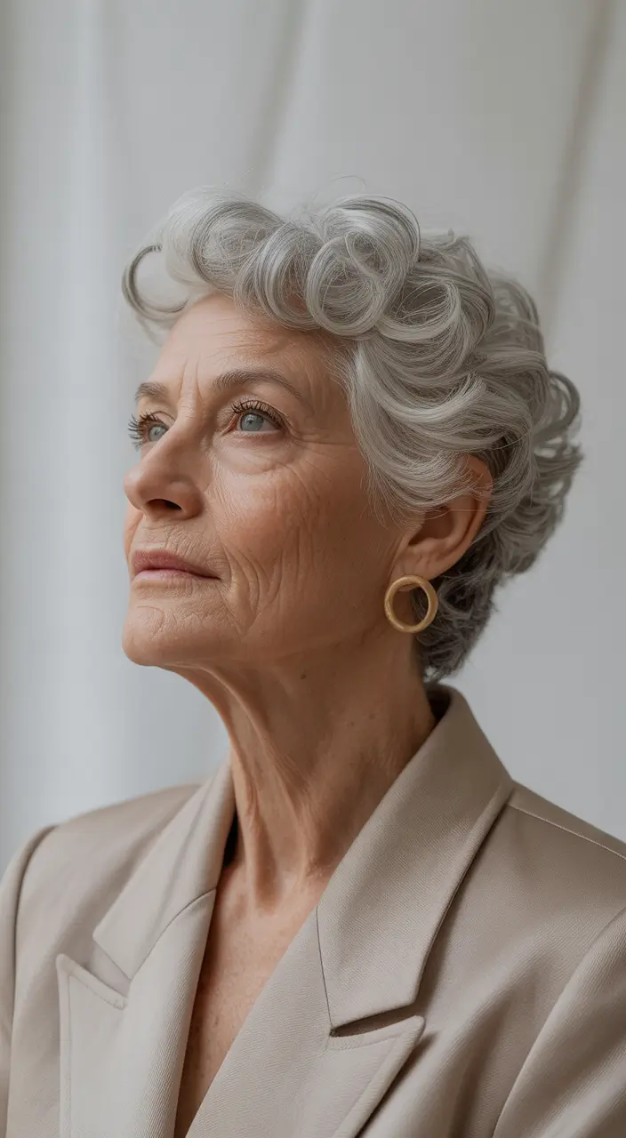 Haircuts for Women Over 60+Elegant Short Curled Pixie with Sculpted Texture