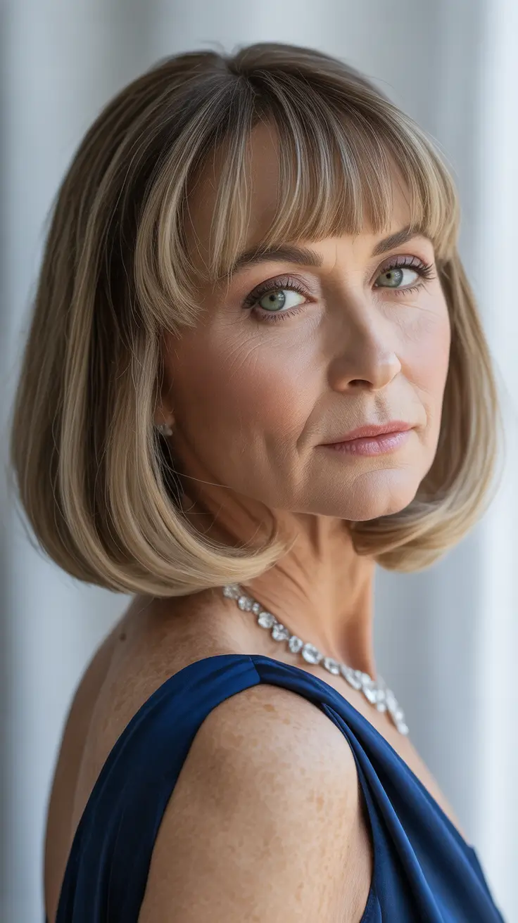 Haircuts for Women Over 60+Sleek Honey-Blonde Bob with Soft Curtain Fringe