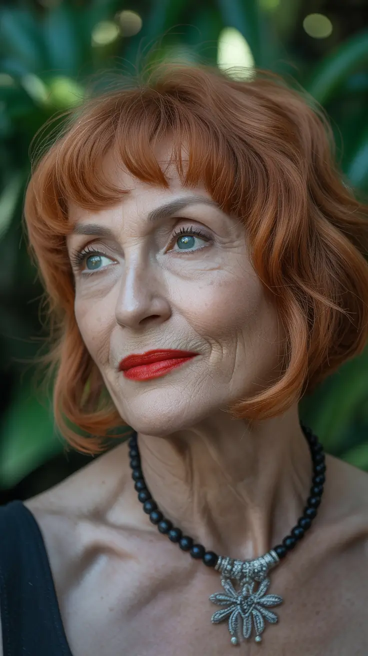 Haircuts for Women Over 60+Warm Copper Wavy Bob with Soft Face-Framing Fringe