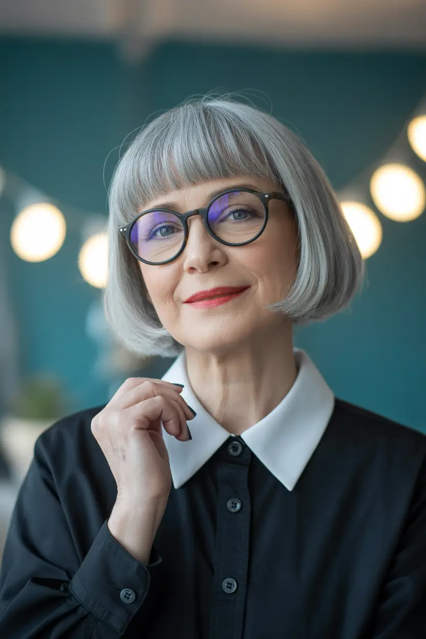 Haircuts for Women Over 60+Silver Rounded Bob with Structured Fringe and Clean Lines