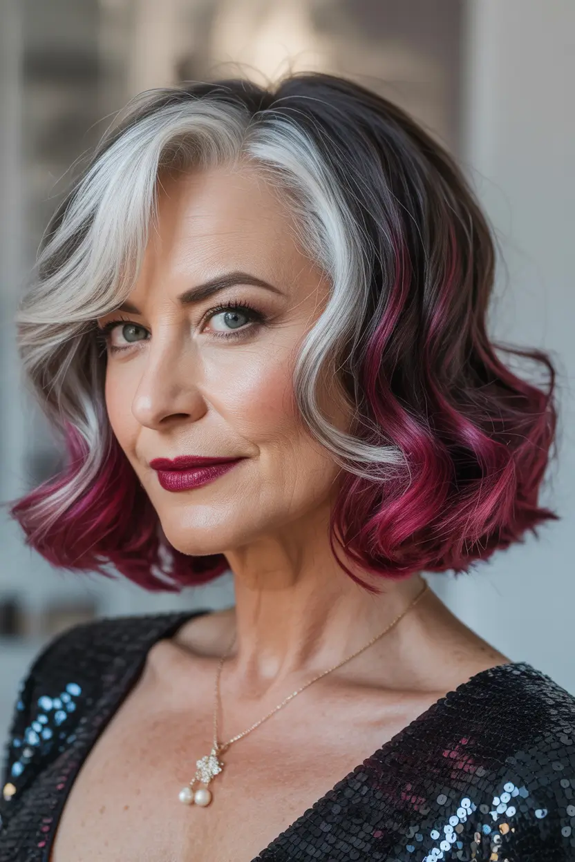 Haircuts for Women Over 60+Magenta-Dipped Waves with Silver Streaking