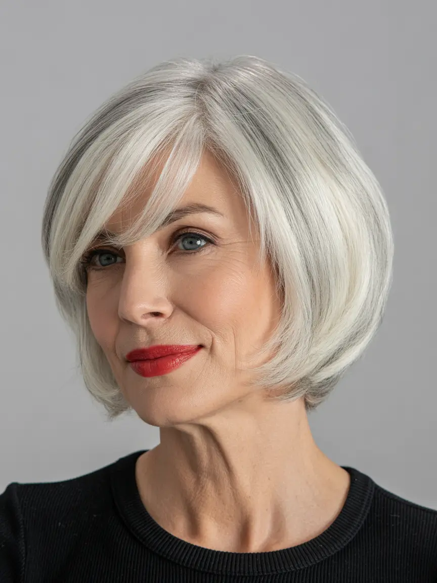 Haircuts for Women Over 60+Classic Silver Volume Bob with Side Sweep