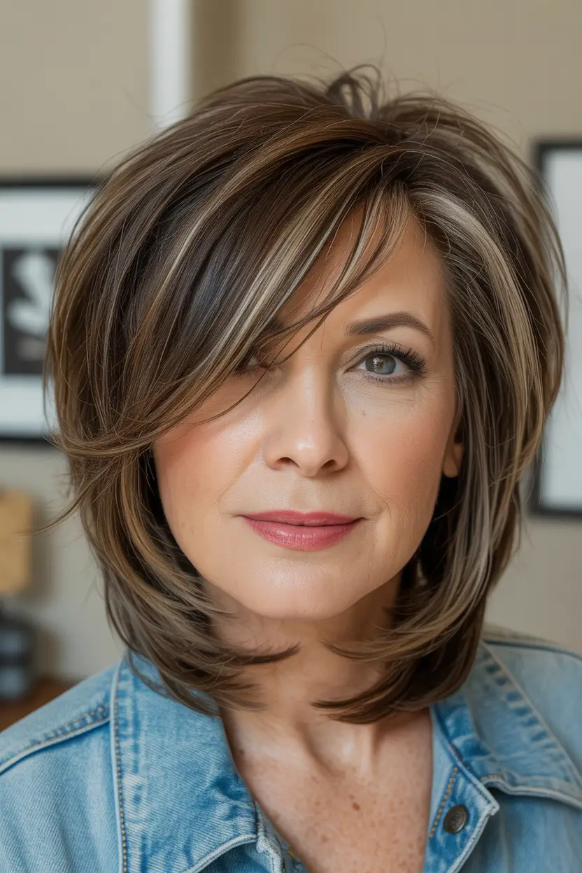Haircuts for Women Over 60+Layered Chestnut Shoulder Sweep with Modern Volume