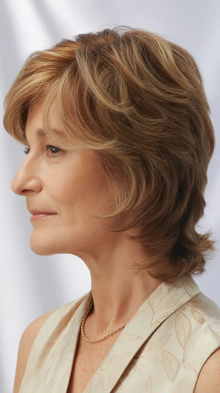Haircuts for Women Over 60+Feathered Caramel Shag with Lifted Crown