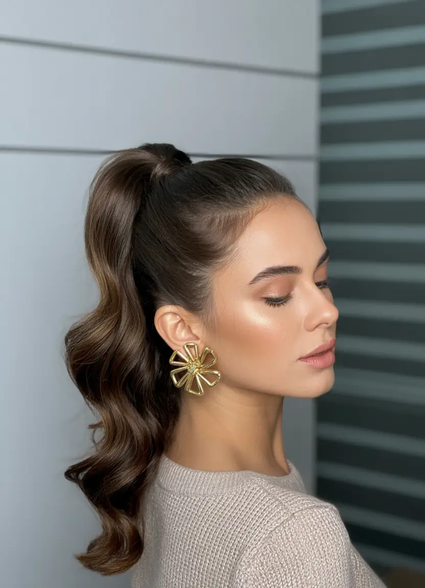 haircuts inspo Glossy Wavy Ponytail With Volume and Lift