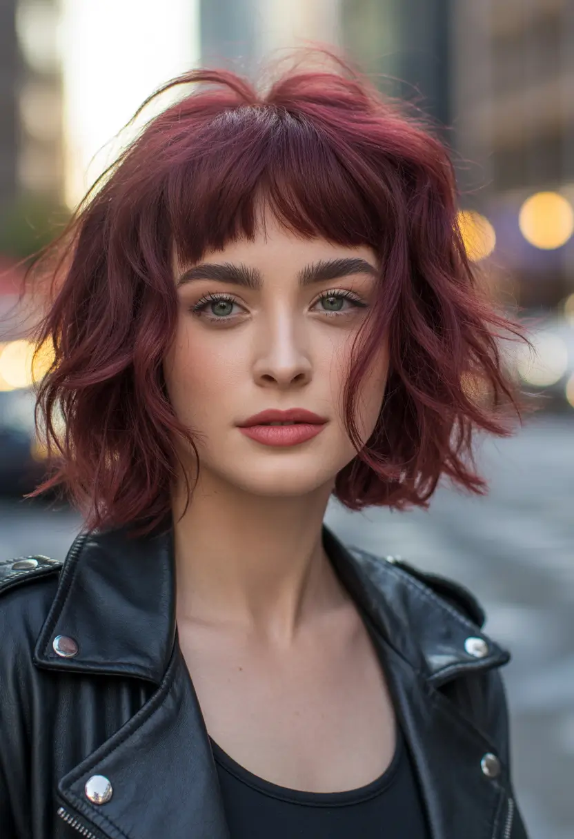 haircuts inspo Textured Burgundy Bob With Choppy Bangs