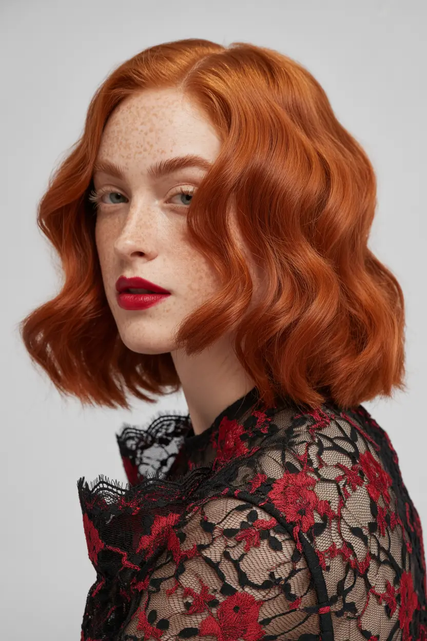 haircuts inspo Copper Wavy Bob With Vintage Flair