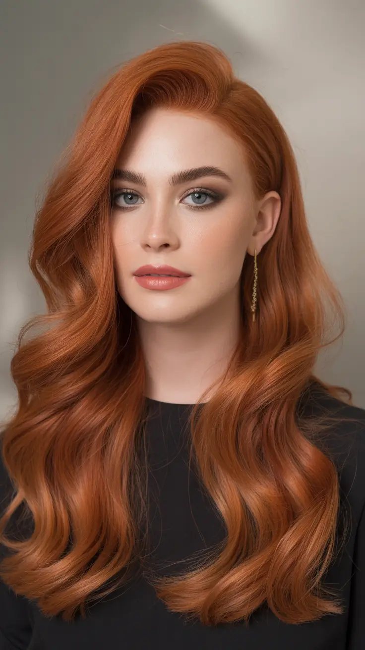 haircuts inspo Voluminous Copper Waves With Classic Side Sweep
