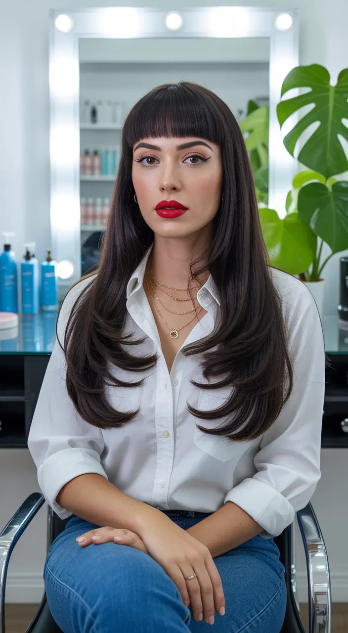 haircuts inspo Structured Long Layers With Blunt Baby Bangs