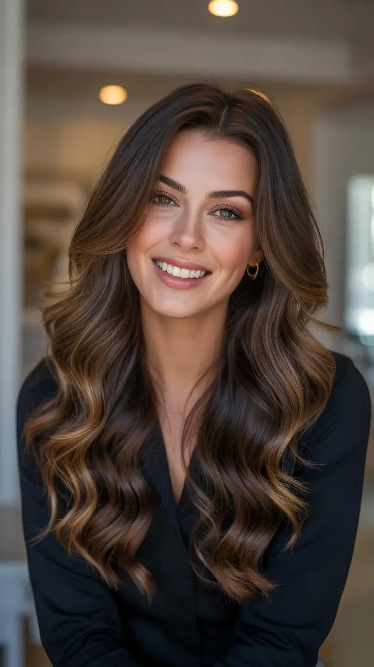 haircuts inspo Soft Brunette Waves With Dimensional Highlights