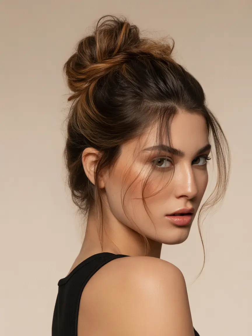 haircuts inspo Messy Textured Bun With Cascading Face Pieces