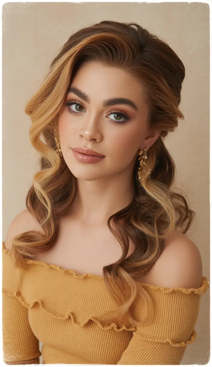 haircuts inspo Soft Glam Waves With Honey-Toned Highlights