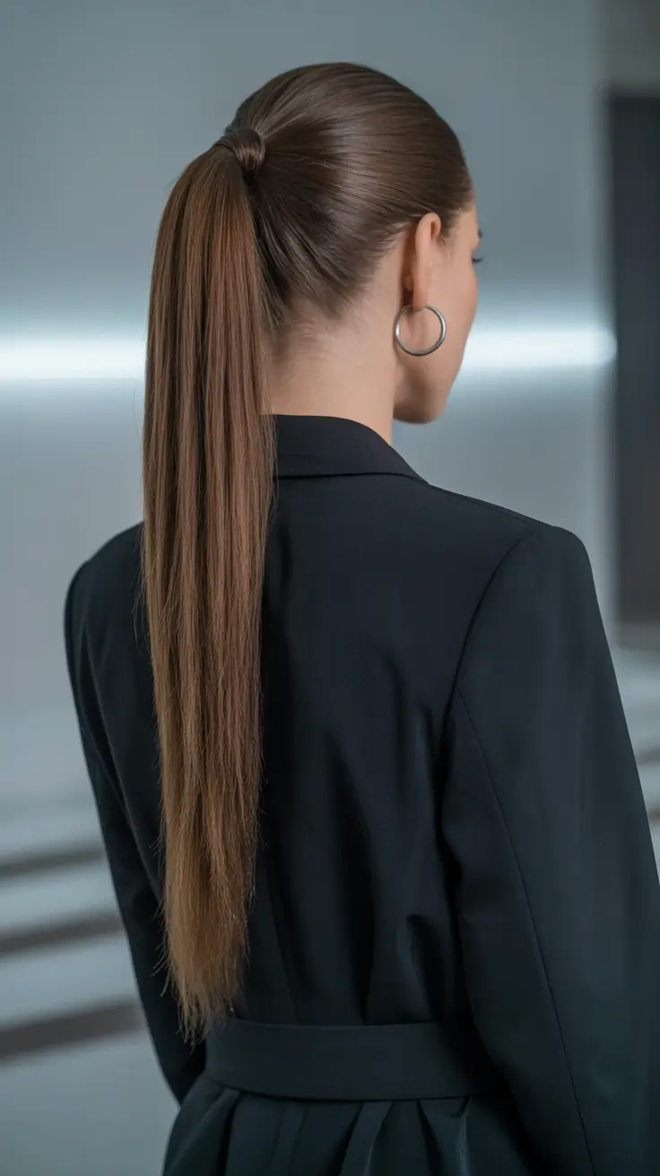 ponytail hairstyle Long Sleek Professional Ponytail with a Minimalist Wrap