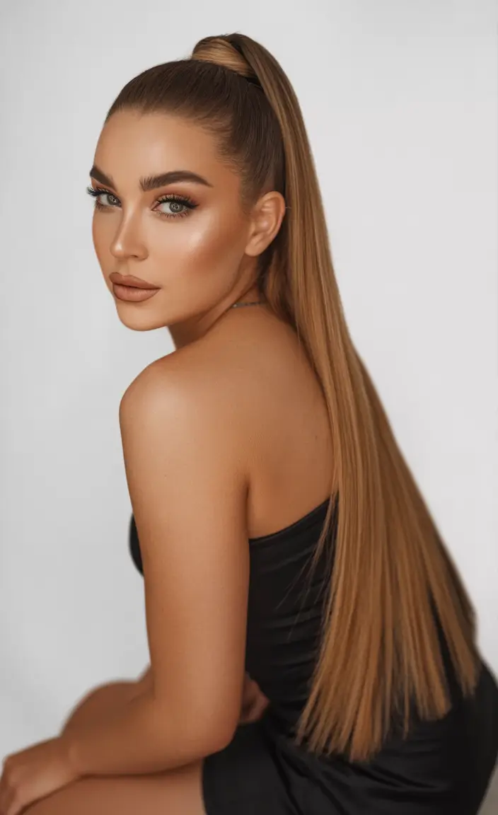 ponytail hairstyle Ultra Long Chestnut Ponytail with Glossy Precision