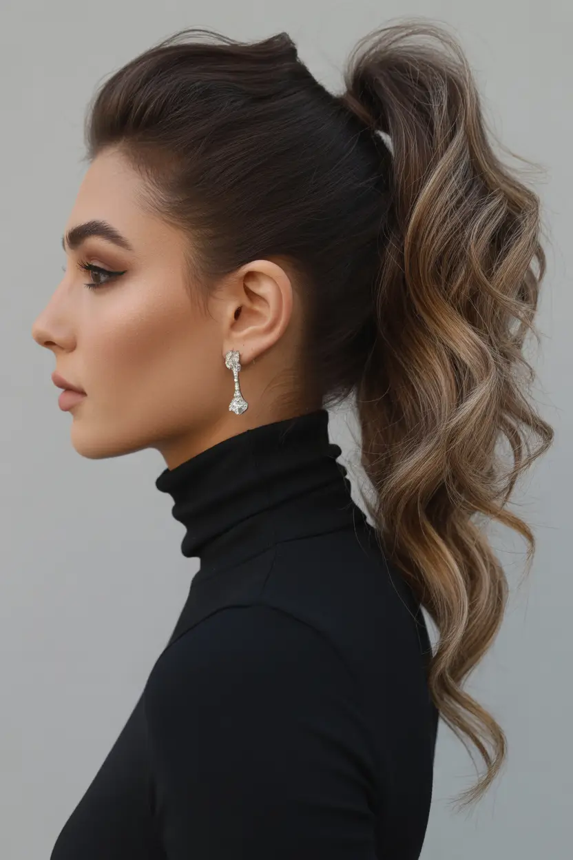 ponytail hairstyle High Voluminous Curled Ponytail with Dimensional Highlights