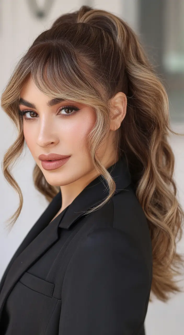 ponytail hairstyle Soft High Ponytail with Sweeping Bangs and Loose Curls
