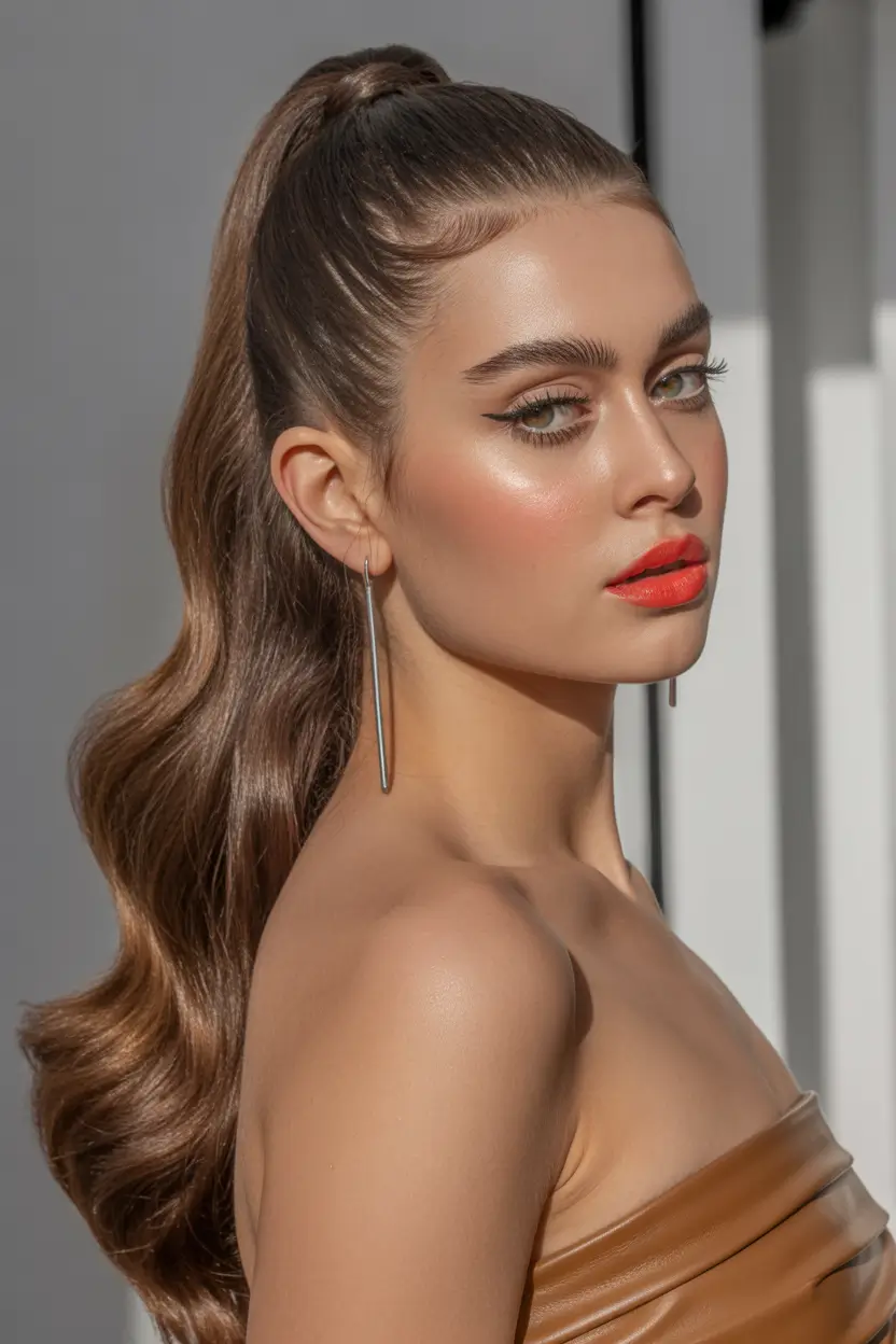 ponytail hairstyle High Wavy Pony with Glossy Volume