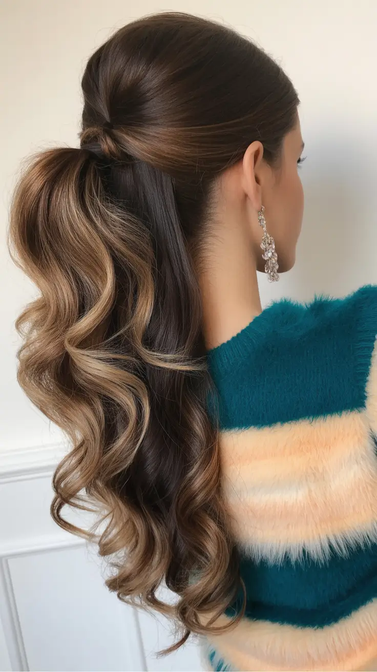 ponytail hairstyle Layered Curled Ponytail with Dimensional Highlights
