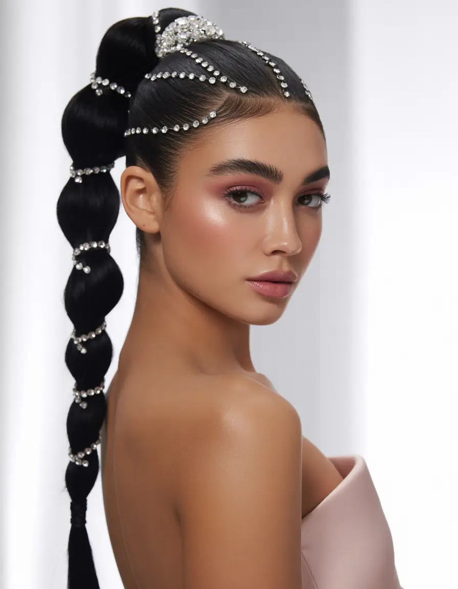 ponytail hairstyle Bejeweled Bubble Ponytail with High-Shine Finish
