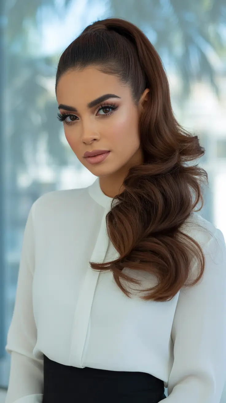 ponytail hairstyle Polished High Ponytail with Cascading Chocolate Waves