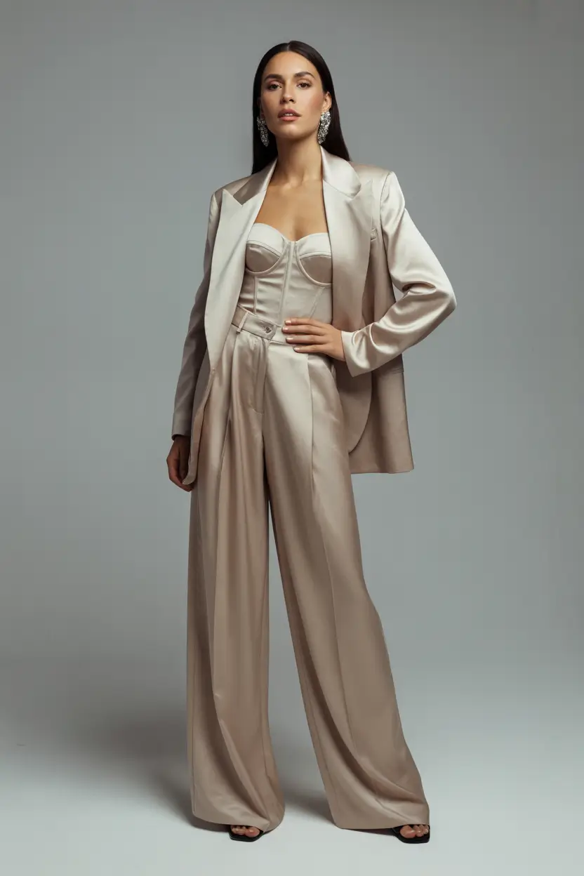 wedding guest outfits Tailored Satin Suiting for a Confident Wedding Guest