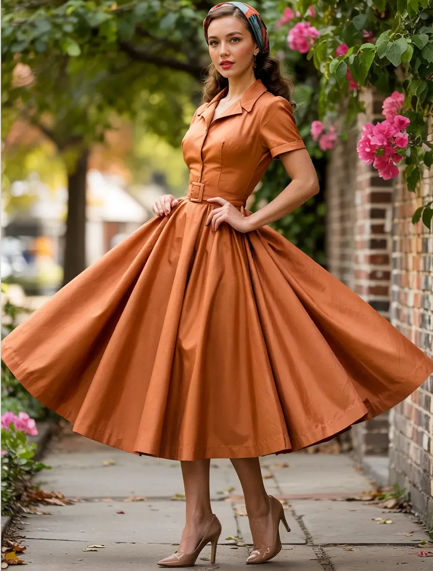 wedding guest outfits Rust-Toned Retro Femininity With a Country Soul
