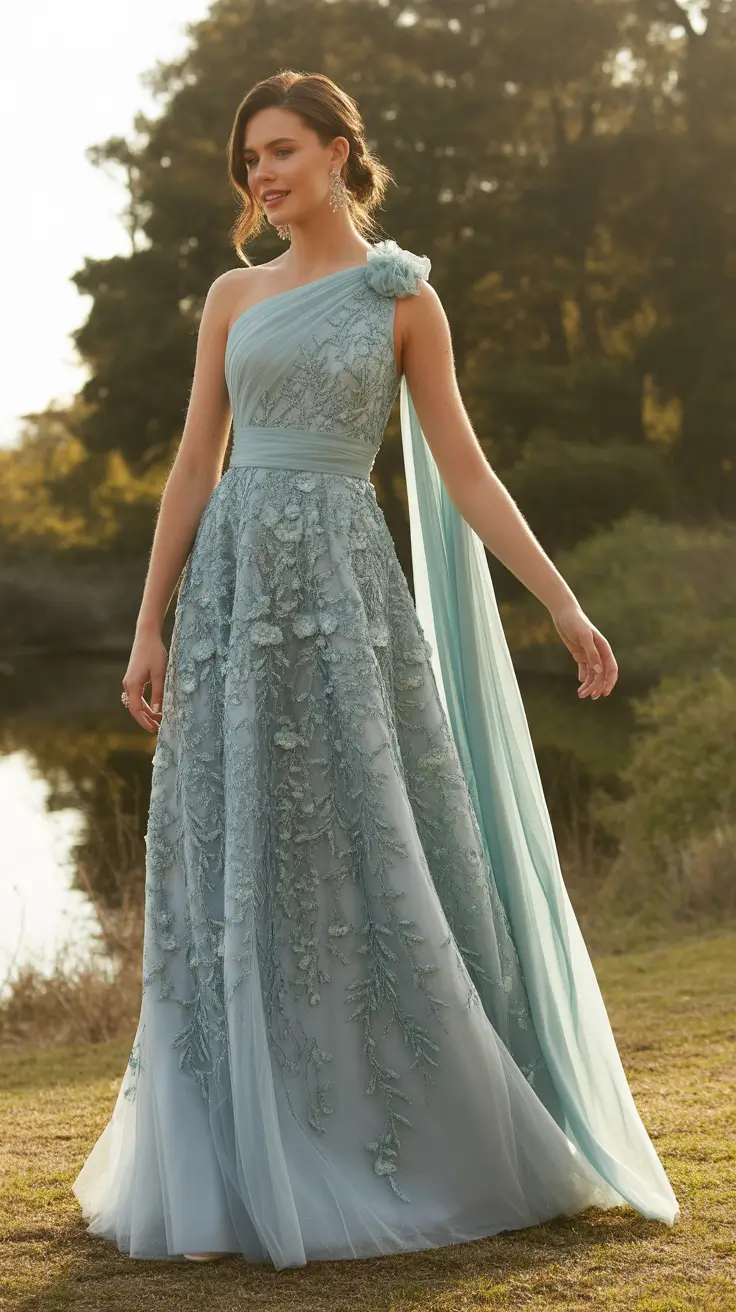 wedding guest outfits Ethereal One-Shoulder Blue With Couture Energy