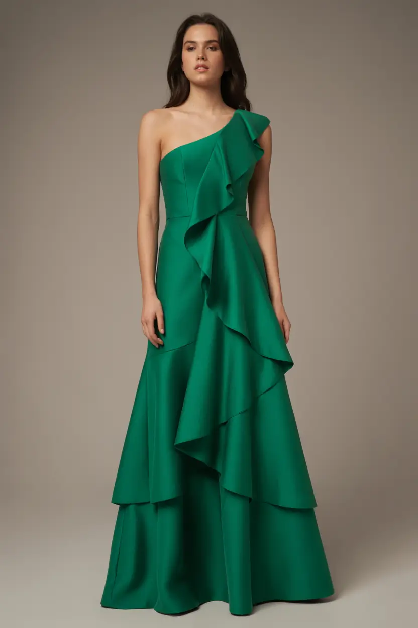 wedding guest outfits Saturated Green One-Shoulder Drama With Modern Restraint