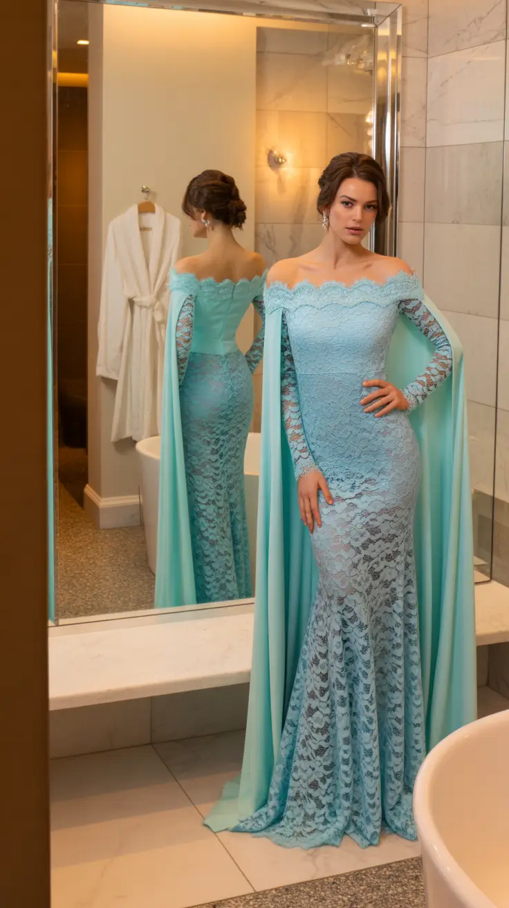 wedding guest outfits Soft Blue Lace With Dramatic Cape Sleeves