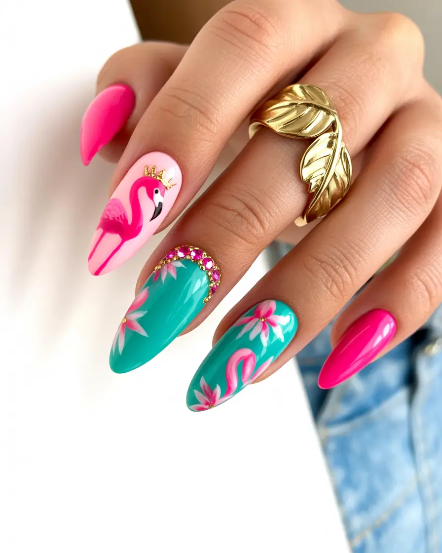 tropical nails Flamingo Fantasy with Jewel Accents