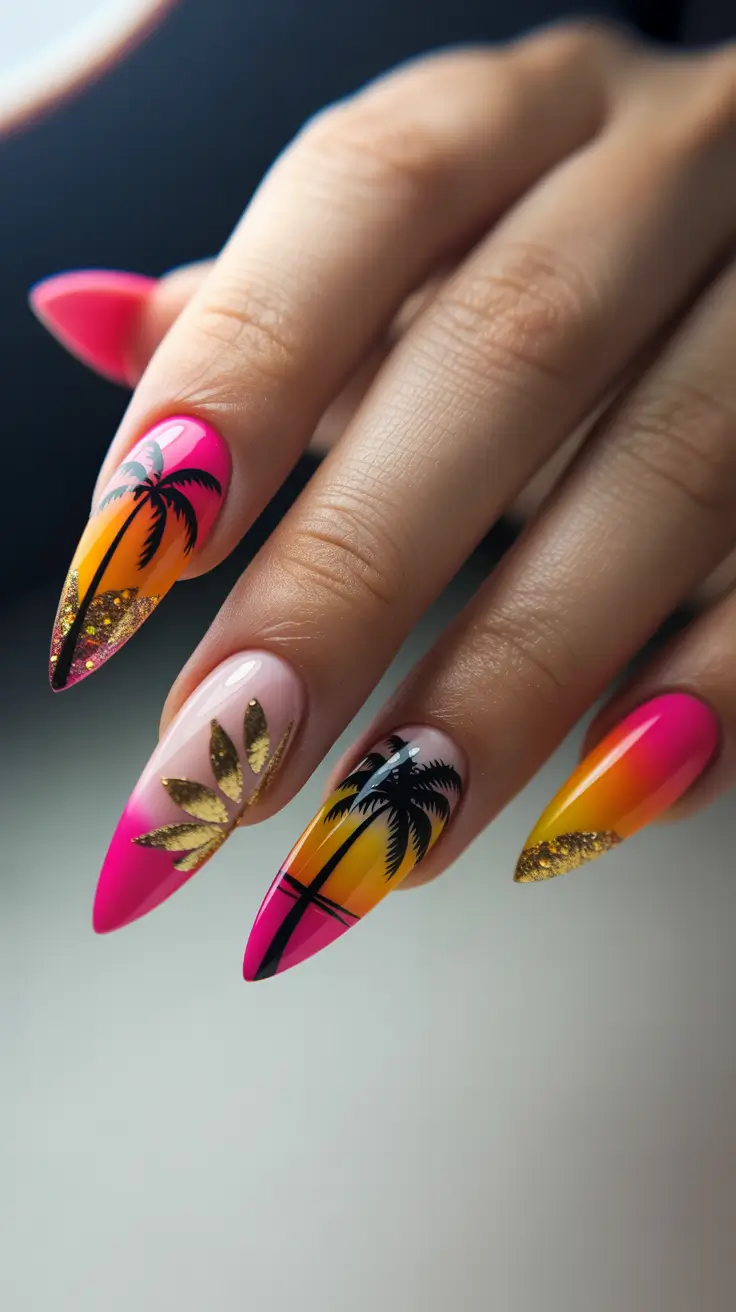 tropical nails Sunset Palms with Gold Leaf Drama