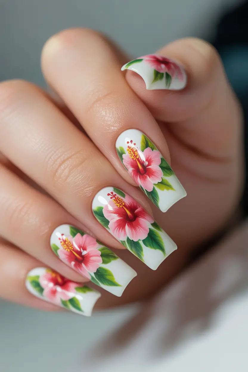 tropical nails Hibiscus Blooms with Tropical Romance