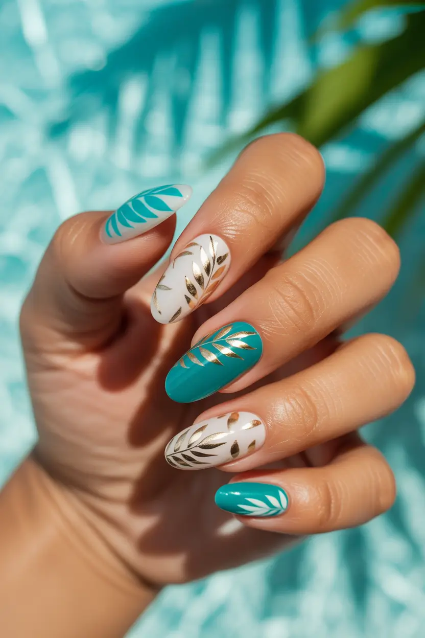 tropical nails Turquoise and Gold Botanical Balance