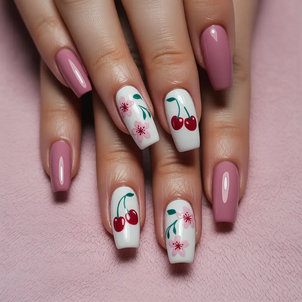 white nails pink and red cherry art design
