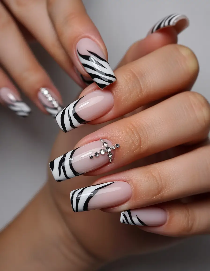 white nails Black and graphic motion lines