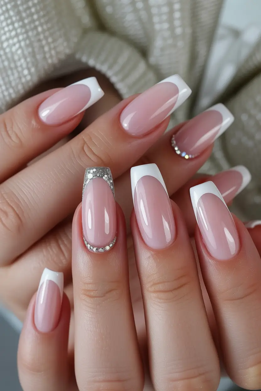 white nails Milky French with crystals