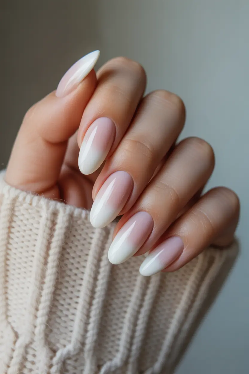 white nails Short milky almond gradient