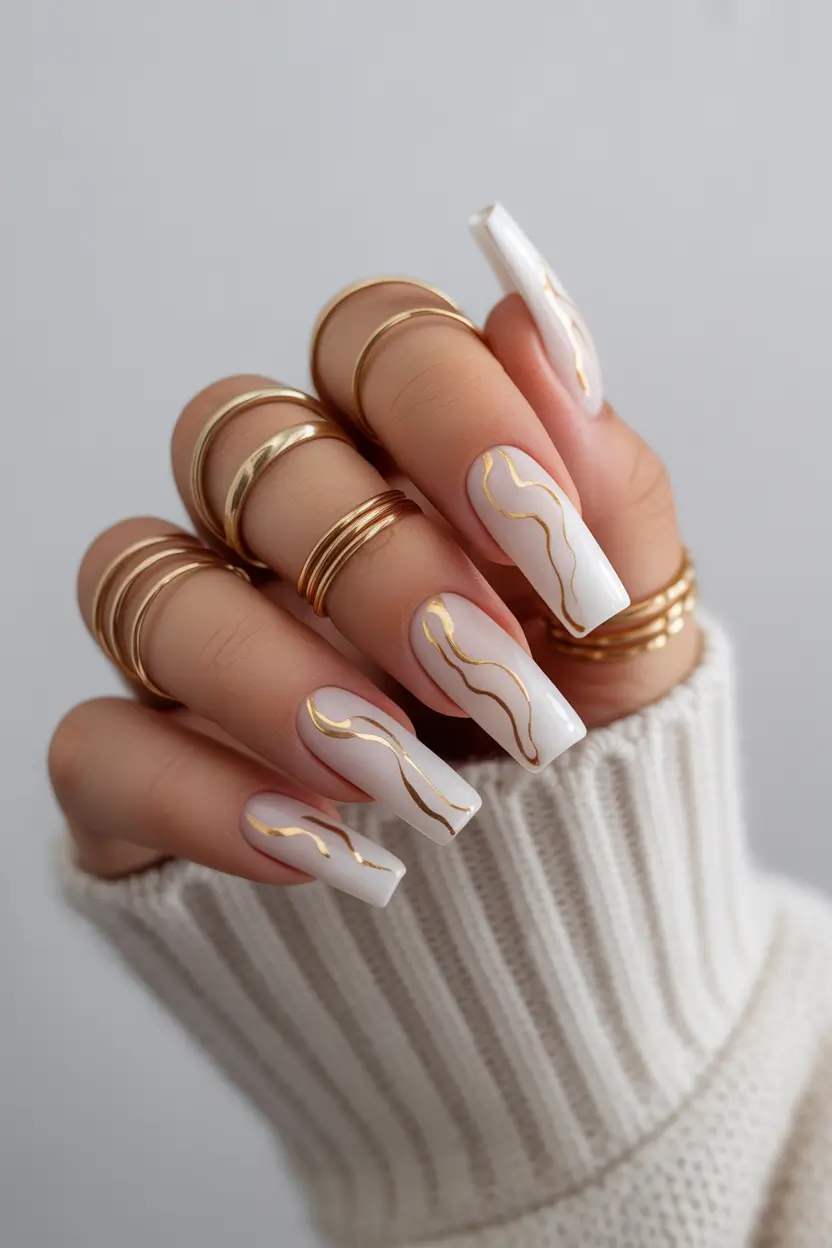 white nails Gold and line art design