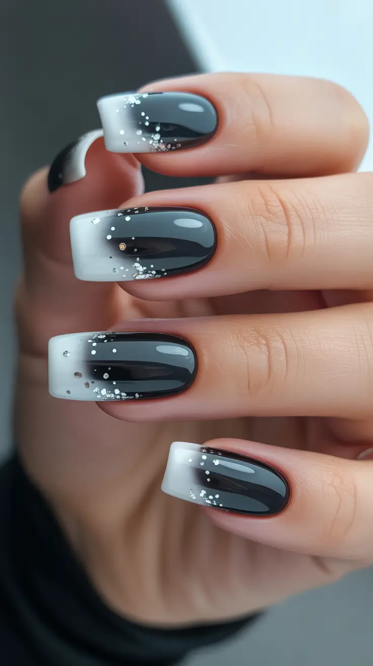 white nails Black and white ombre sparkle