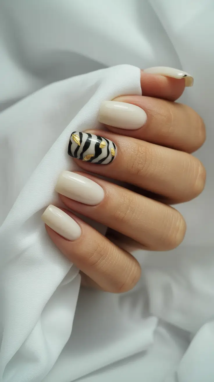 white nails Black and zebra gold accent