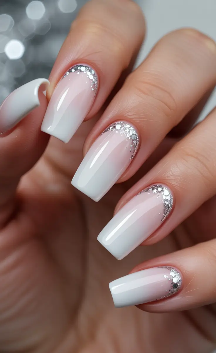 white nails Snowy Ombre With Subtle Sparkle