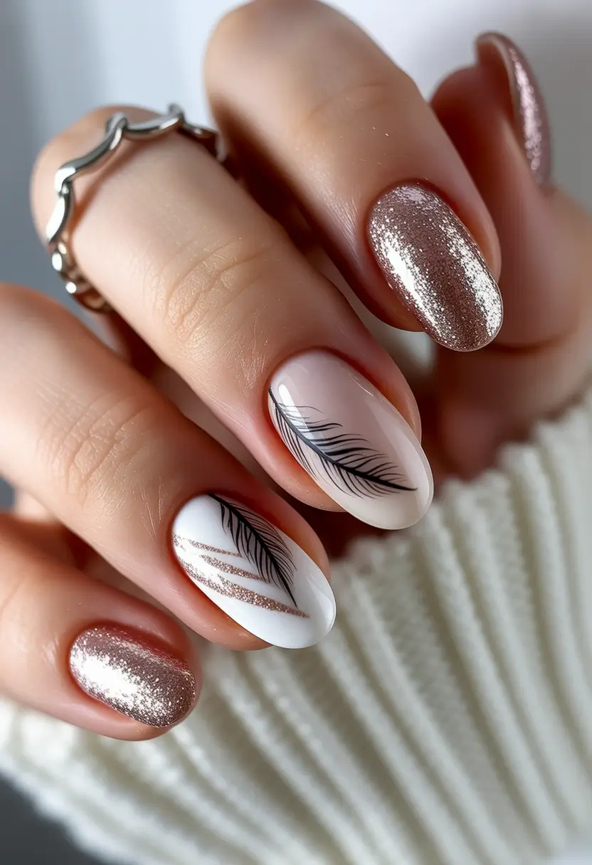white nails Pearly feather line art
