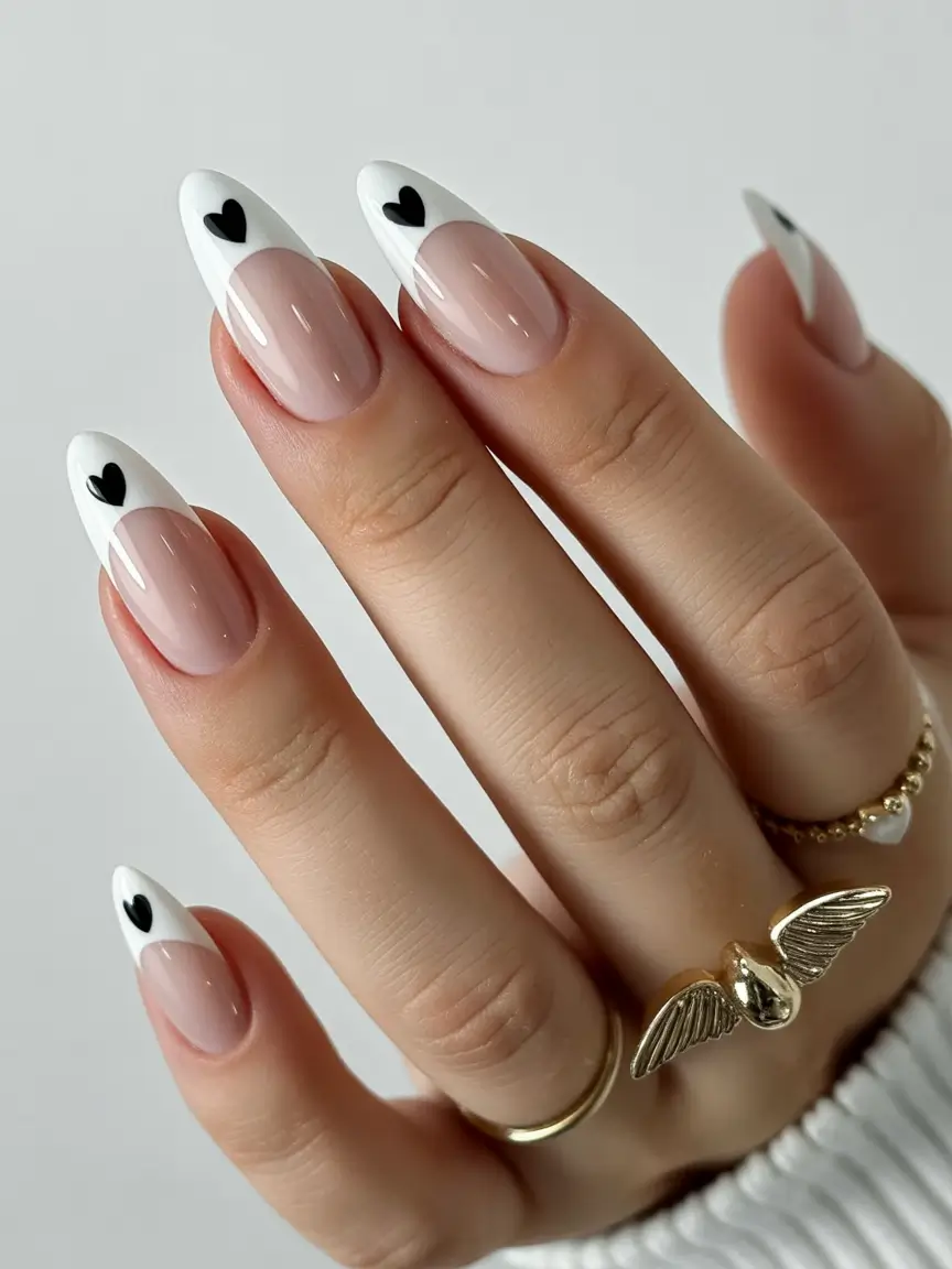 white nails Black and White French Heart Design