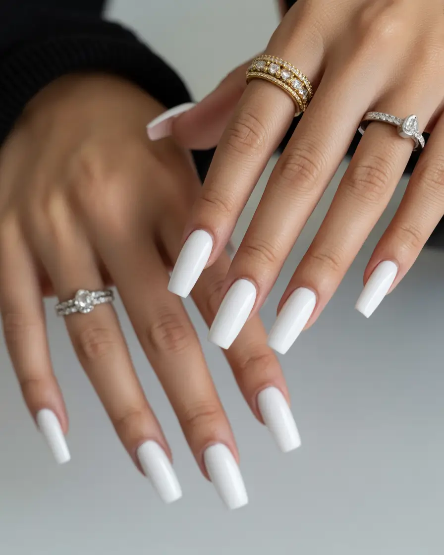 white nails Plain Glossy Coffin Style