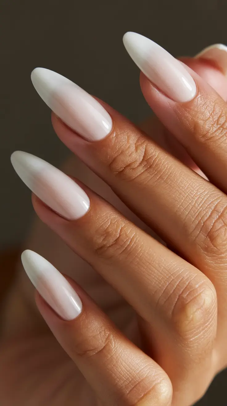 white nails Milky almond seamless fade